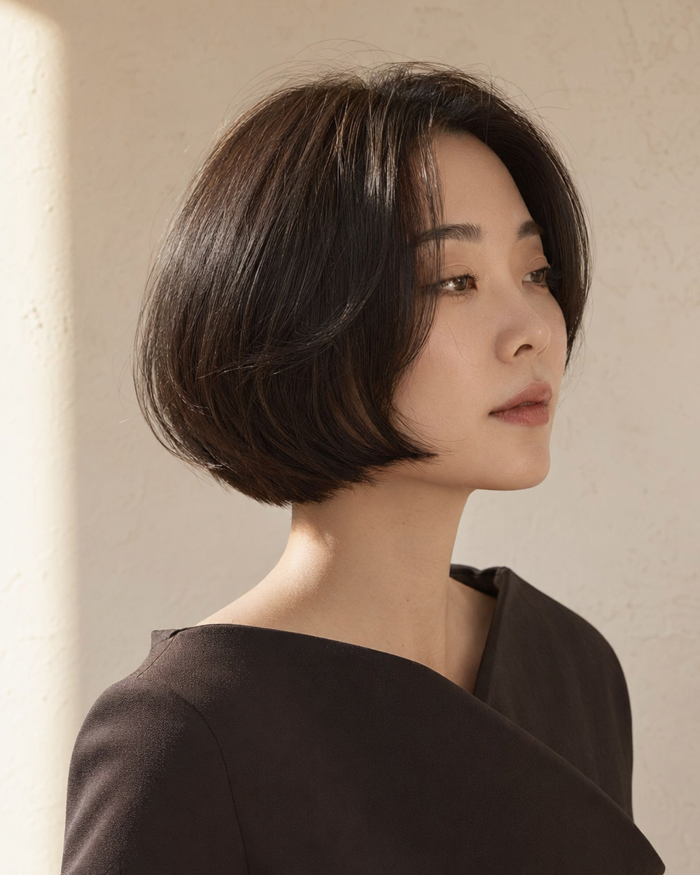 턱선을 정교하게 감싸는 윤기 있는 에스프레소 보브 스타일
