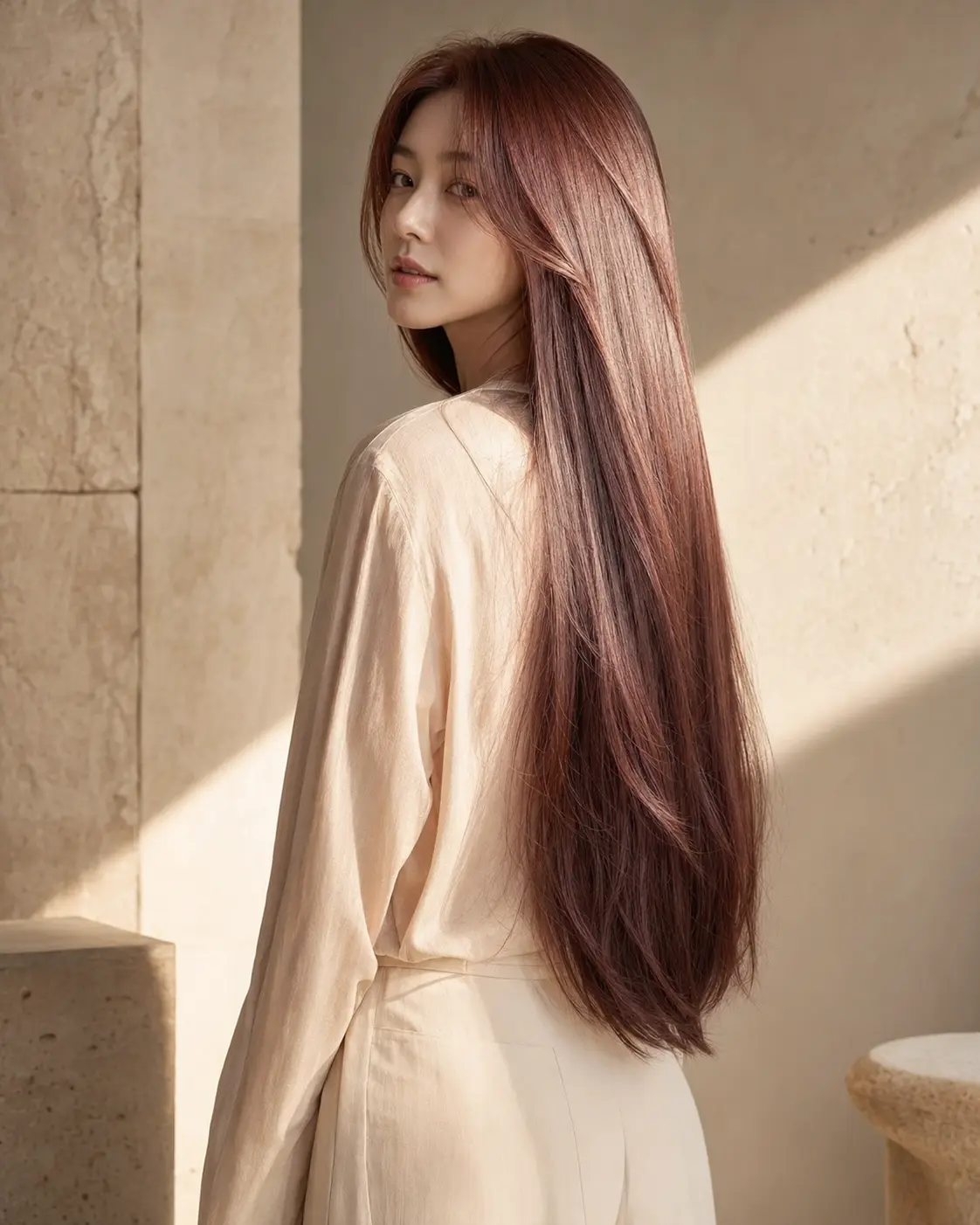 빛에 따라 와인과 코퍼의 깊이가 드러나는 로즈 브라운 컬러