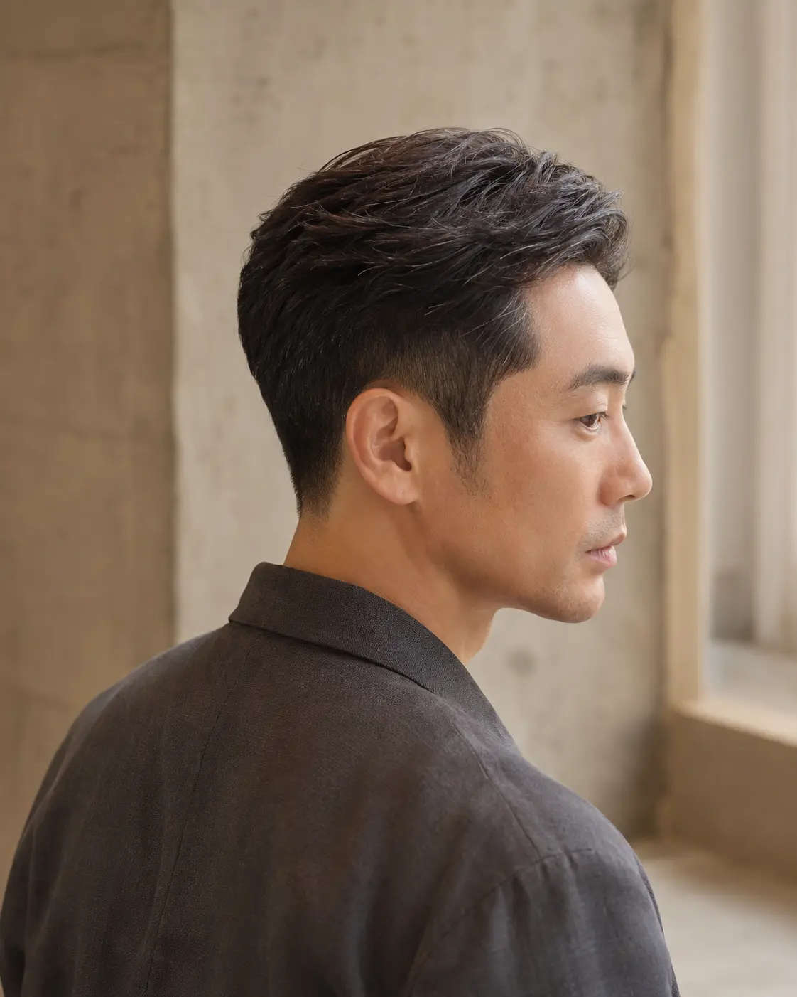 옆선을 정돈하고 윗머리 질감을 살린 남성 다운펌