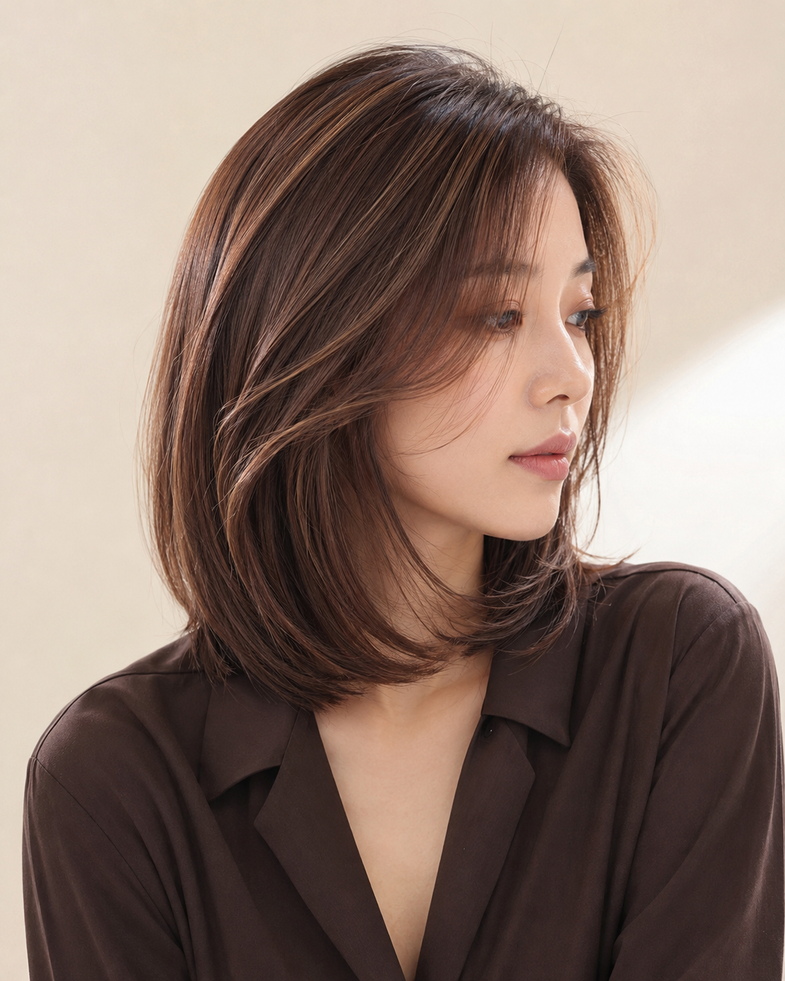 부드러운 자연광에서 본 코코아 브라운 헤어