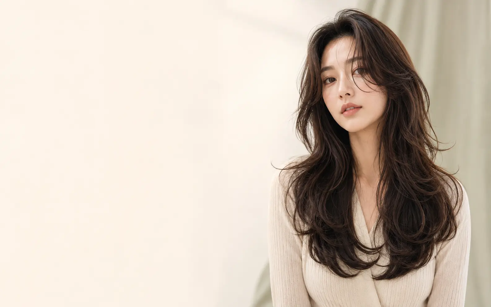 긴 레이어드 헤어스타일을 한 여성 모델