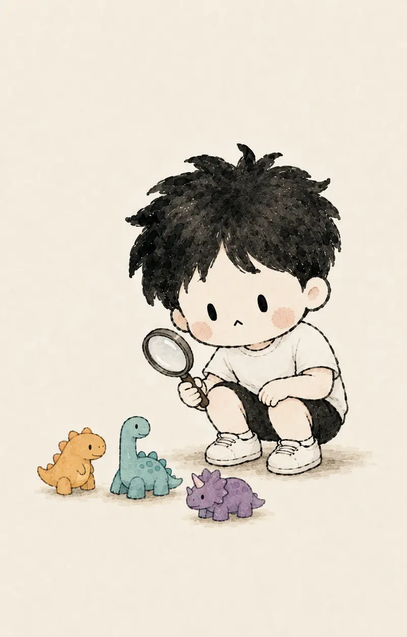 돋보기로 알록달록한 공룡 완구를 관찰하는 대훈이